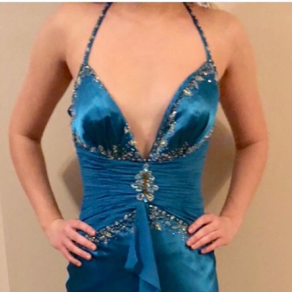 Elegant sexy satin teal beaded formal dress
